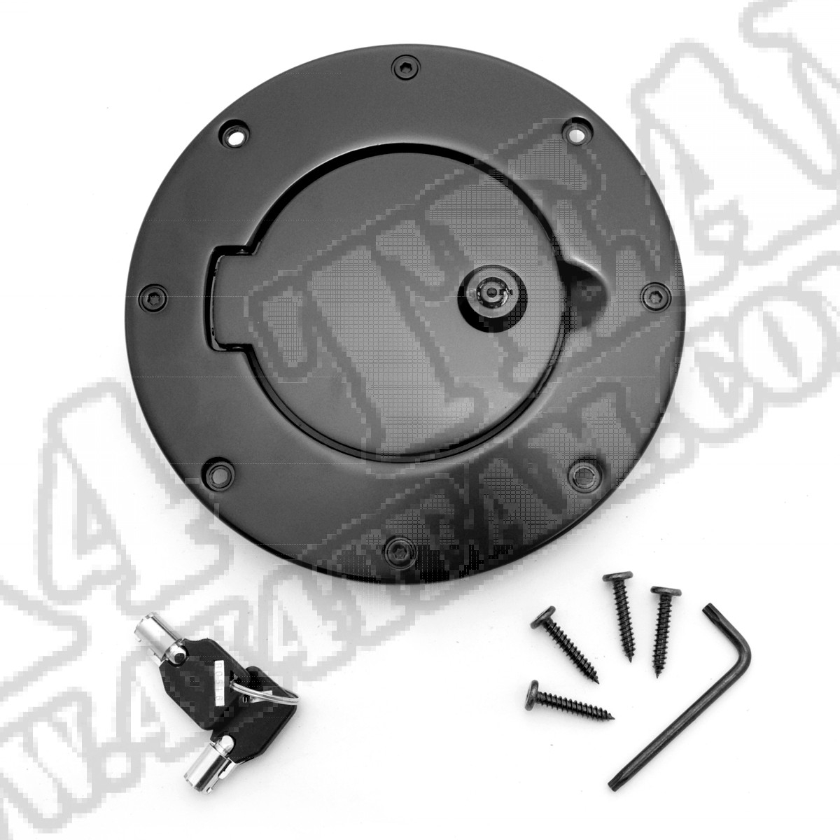 Drzwiczki korka wlewu paliwa z zamkiem, czarne alum., 97-06 Jeep Wrangler TJ